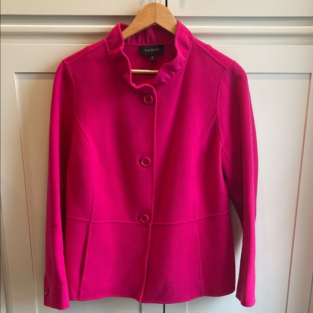 Talbots Ruffle-Neck Double-Face Jacket Pink Wool Blend Pockets Preppy 10 - Picture 3 of 14